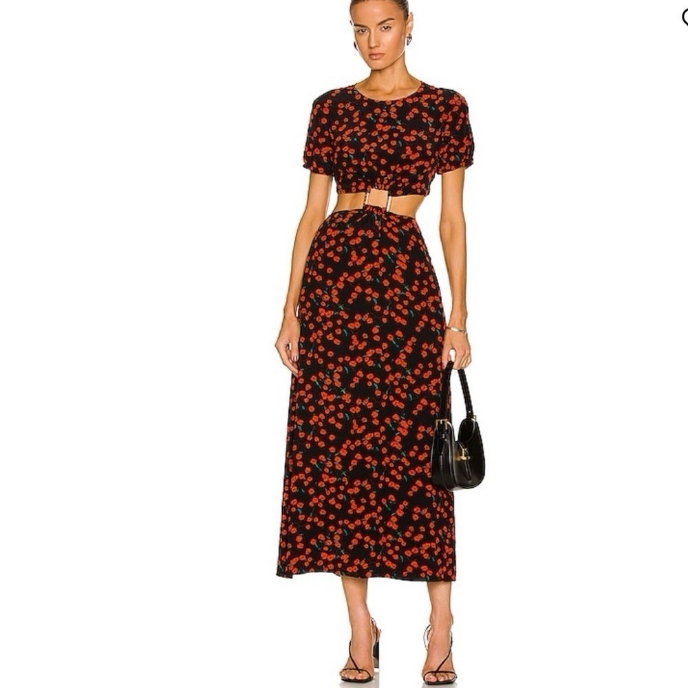 STAUD Calypso Cut Out Midi Dress Poppy Fields Black Red Floral Size M